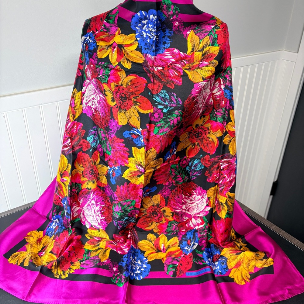 JH Collectibles Silk Scarf Vintage‎ Floral Fuchsia Black Square 34x34 Large